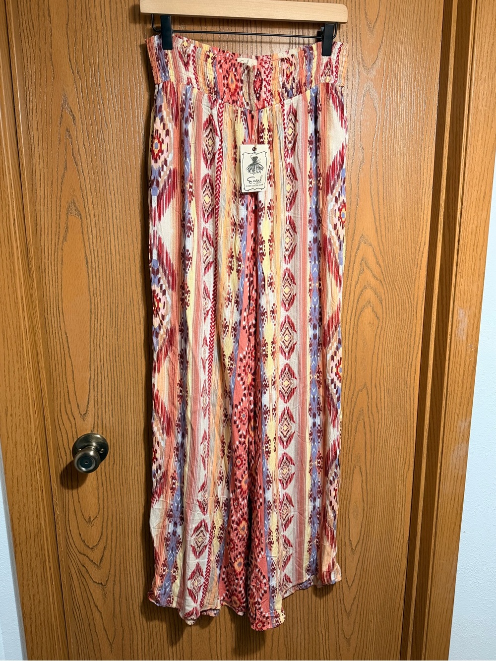 Easel Boho Wide Leg Pants in Cream, Red & Blue